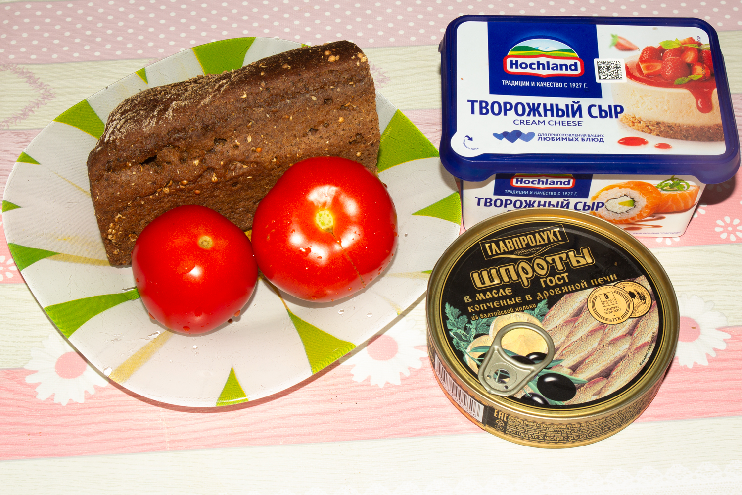 продукты для рецепта Бутерброды со шпротами и творожным сыром